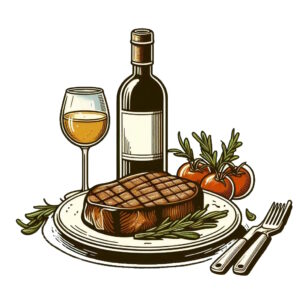 steak on plate with wine bottle and glass