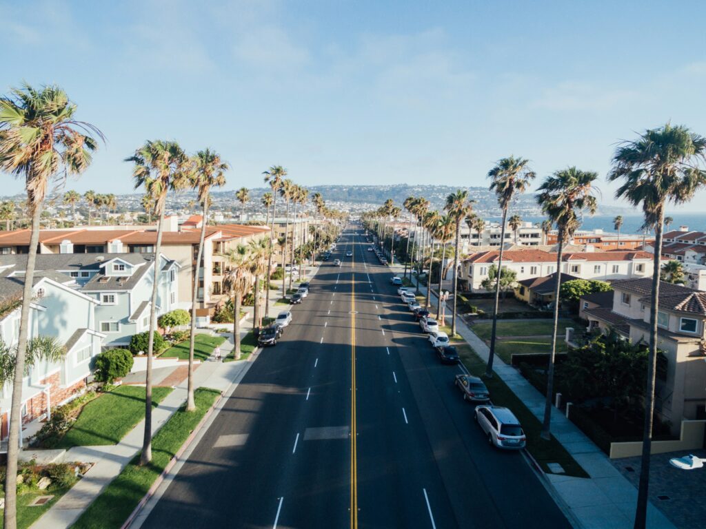 Southern California road with palm trees p both sides